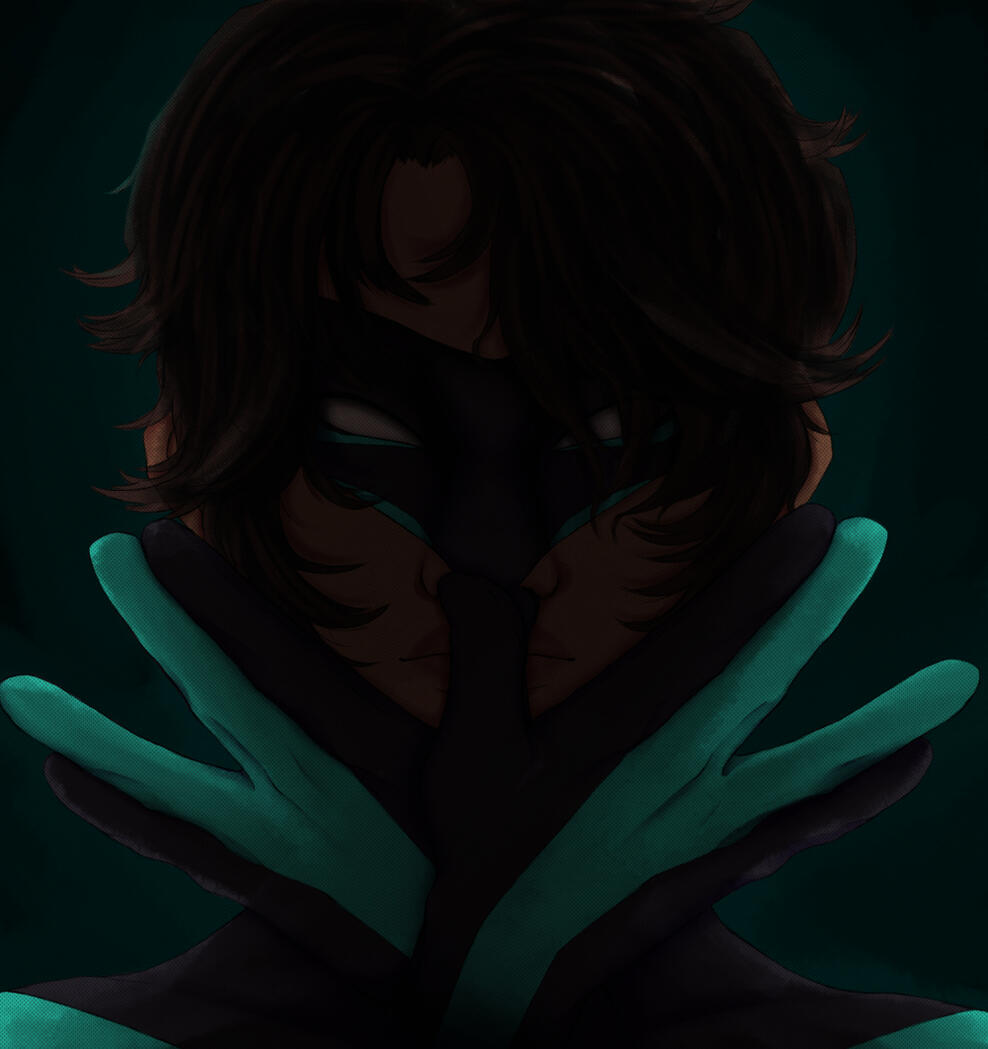 nightwing (dc) with covering his face by making a bird with his hands.