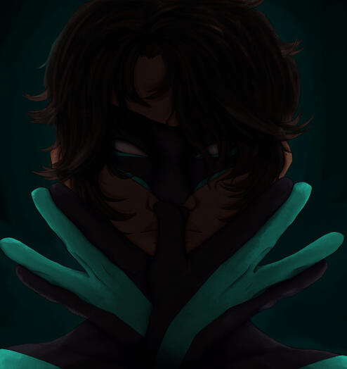 nightwing (dc) with covering his face by making a bird with his hands.