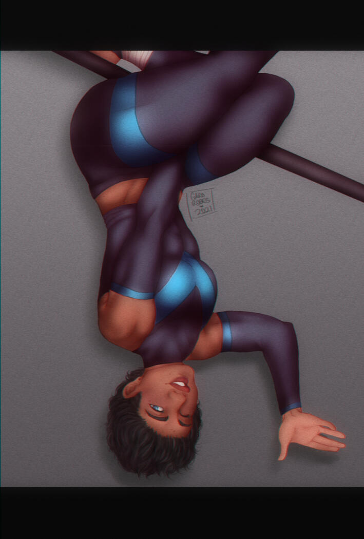 dick grayson (dc), upside down on a horizontal bar.