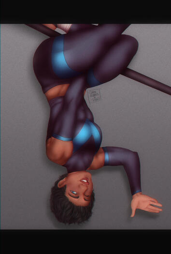 dick grayson (dc), upside down on a horizontal bar.