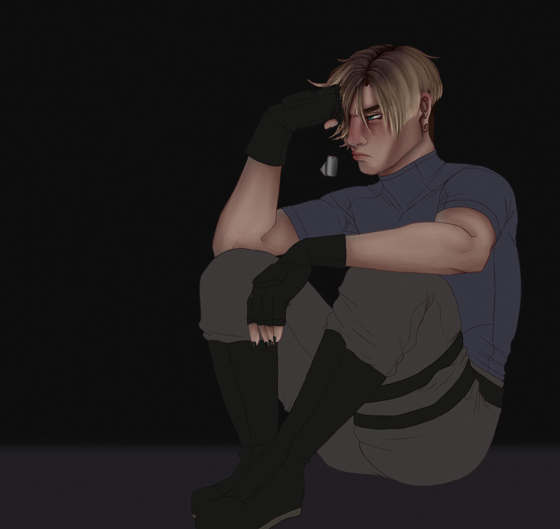 leon kennedy (resident evil) pouting with his knees tucked to his chest.