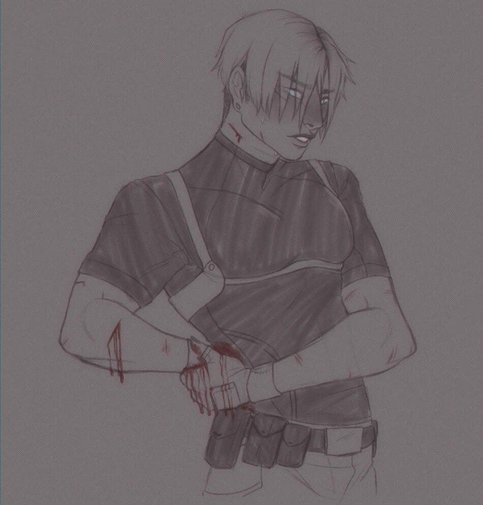 leon kennedy (resident evil) applying pressure to a wound on his waist.