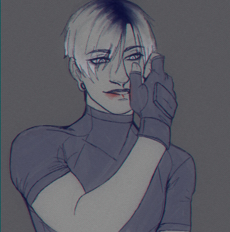 leon kennedy (resident evil) wiping blood off of his face.