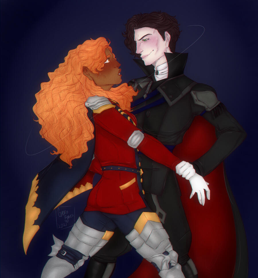 hubert von vestra pulling ferdinand von aegir closer by the wrist (fire emblem three houses).