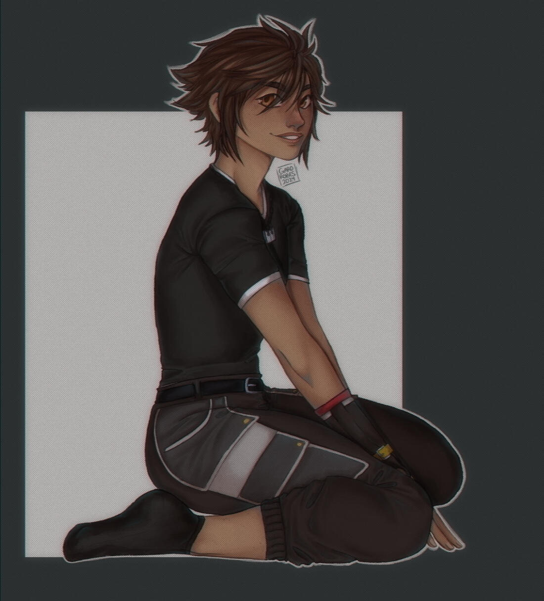 sora (kingdom hearts) sitting on his calves.