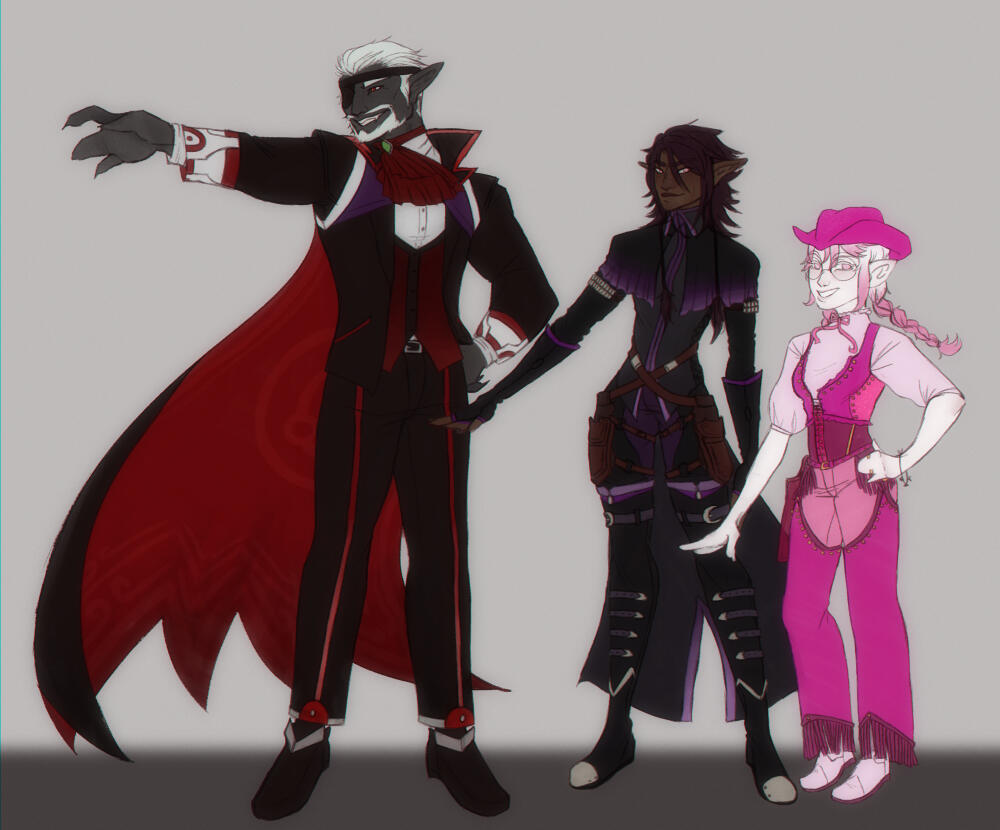 a height comparison of three original characters (left to right): a vampire drow, a dhampir elf, and a pale cowgirl elf.